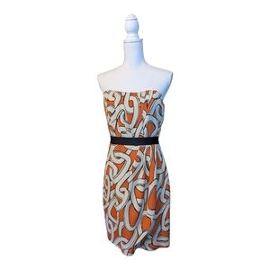 The Limited Abstract Flowy Strapless Dress Orange Black Cream Size 8